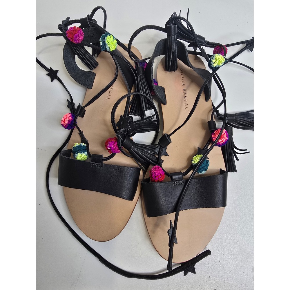 Loeffler Randall Sandals Womens 9 Starla Pom Pom Tassel Lace Up Gladiator Black
